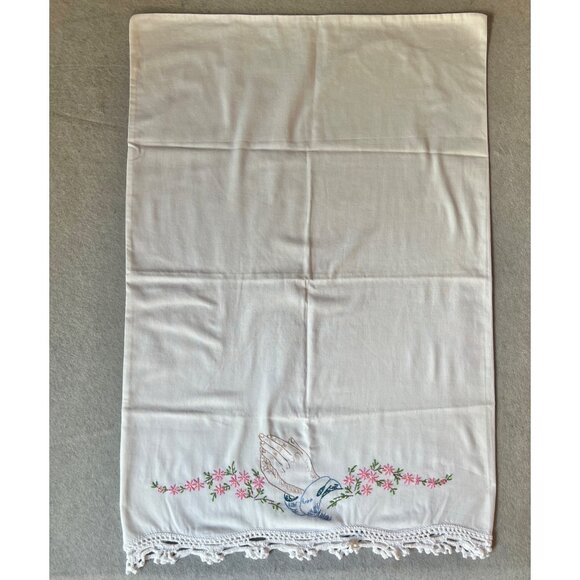 Praying Hands Pillowcase Hand Embroidered White Crocheted Edge pink Tan Prayer - Picture 2 of 6